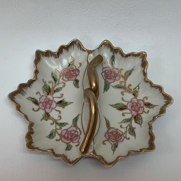 Other - Vintage Porcelain Ashtray Divided Dish Ivory Gold Trim Floral Handle Multi-color
